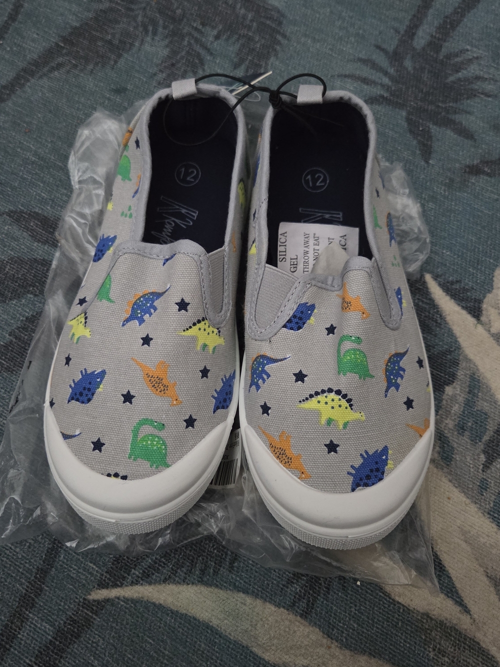 Gray Kids Slip-On Sneakers with Colorful Dinosaur Print